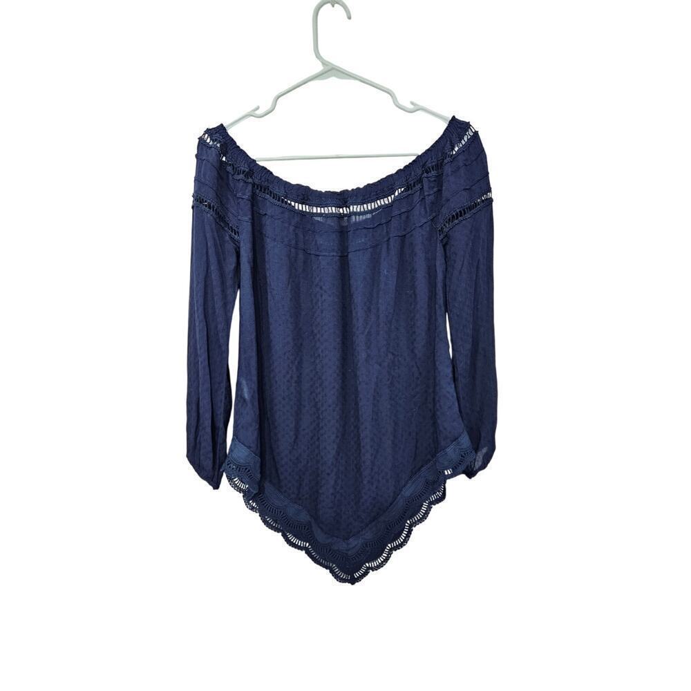 Kori America Blue Long Sleeve Peasant Top Off the Shoulder Womens Sz Small Boho